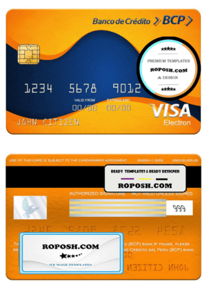Peru Banco de Credito del Peru (BCP) bank visa electron card, fully editable template in PSD format