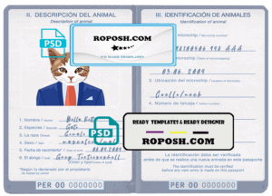 Peru cat (animal, pet) passport PSD template, completely editable