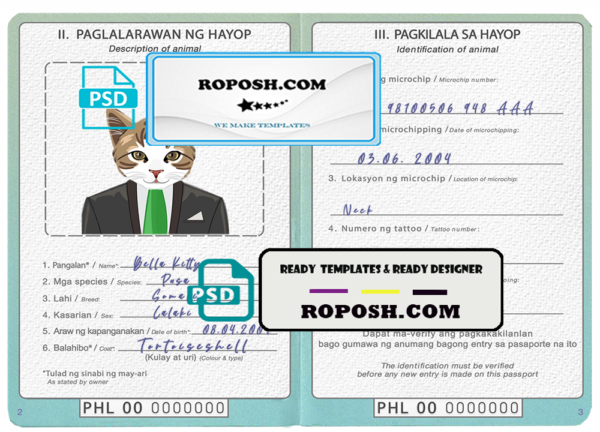 Philippines cat (animal, pet) passport PSD template, fully editable
