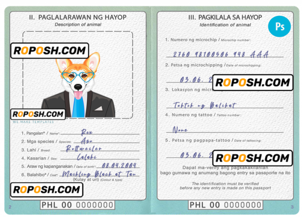 Philippines dog (animal, pet) passport PSD template, fully editable