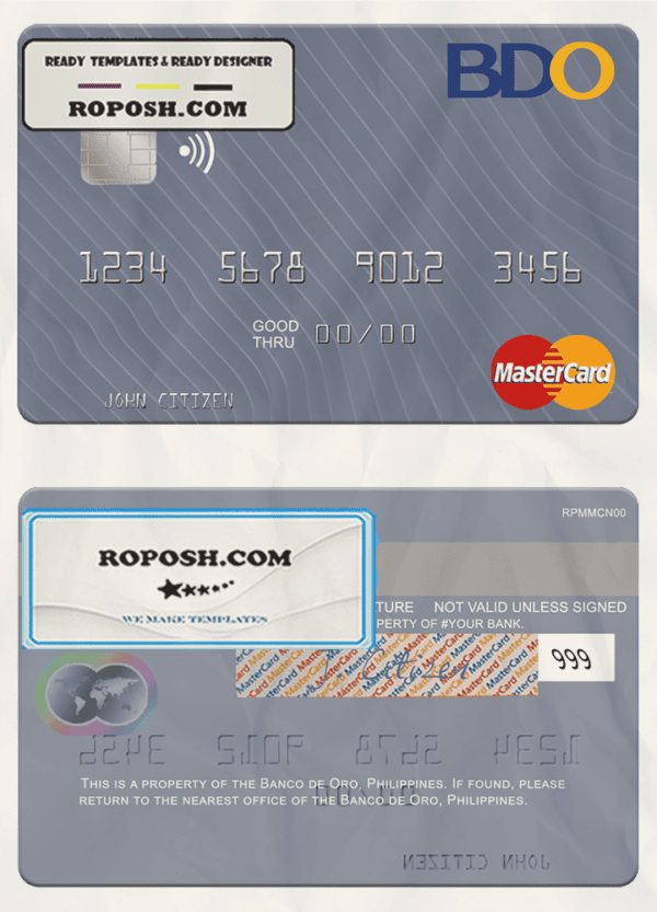 Philippines Banco de Oro mastercard, fully editable template in PSD format