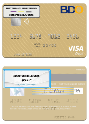 Philippines Banco de Oro visa debit card, fully editable template in PSD format