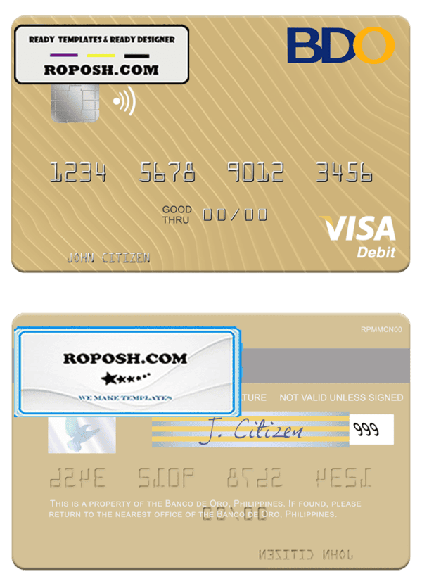 Philippines Banco de Oro visa debit card, fully editable template in PSD format