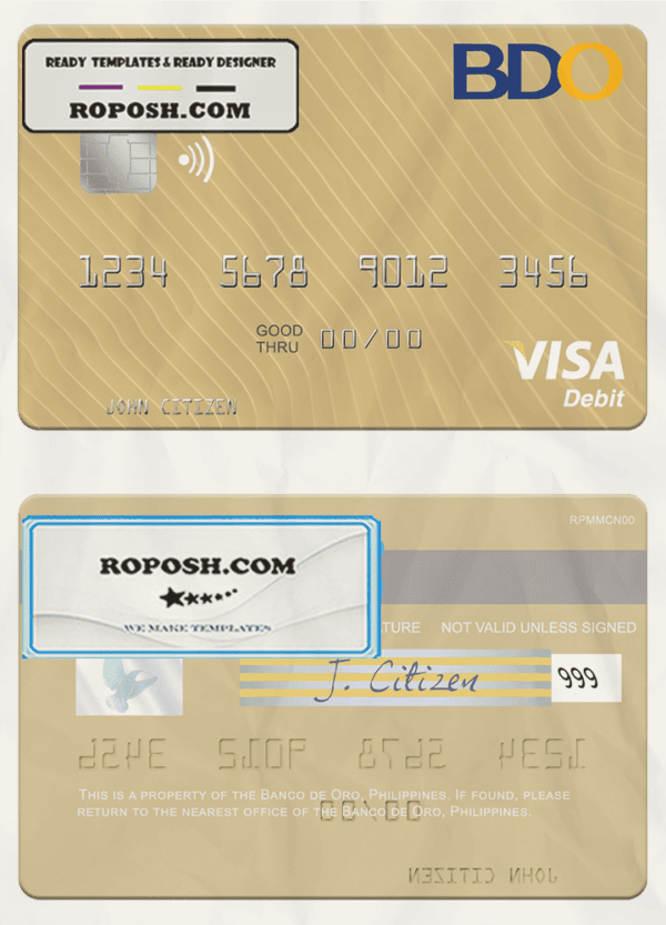 Philippines Banco de Oro visa debit card, fully editable template in PSD format