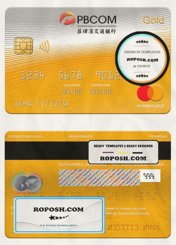 Philippines bank of Communications mastercard gold, fully editable template in PSD format