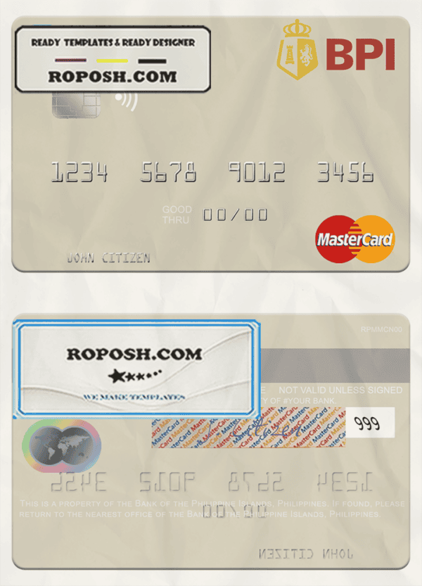 Philippines Bank of the Philippine Islands mastercard card template in PSD format, fully editable