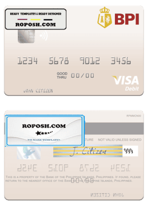Philippines Bank of the Philippine Islands visa debit card, fully editable template in PSD format