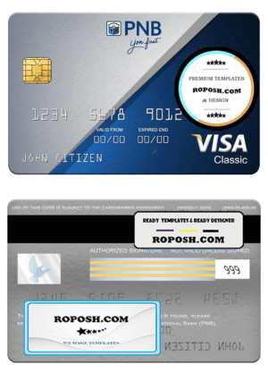 Philippines National Bank (PNB) visa classic card, fully editable template in PSD format