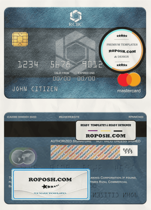 Philippines Rizal Commercial Banking Corporation (RCBC) mastercard, fully editable template in PSD format