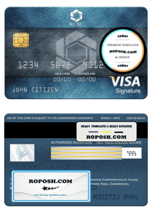 Philippines Rizal Commercial Banking Corporation (RCBC) visa signature card, fully editable template in PSD format