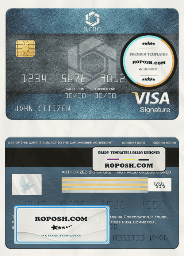 Philippines Rizal Commercial Banking Corporation (RCBC) visa signature card, fully editable template in PSD format