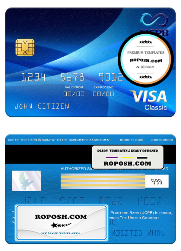 Philippines The United Coconut Planters Bank (UCPB) visa classic card, fully editable template in PSD format