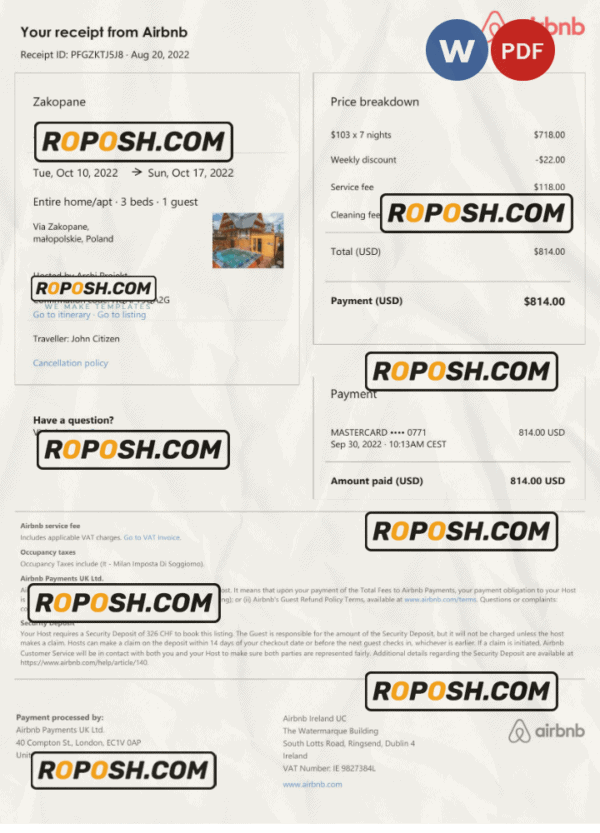 Poland Airbnb booking confirmation Word and PDF template