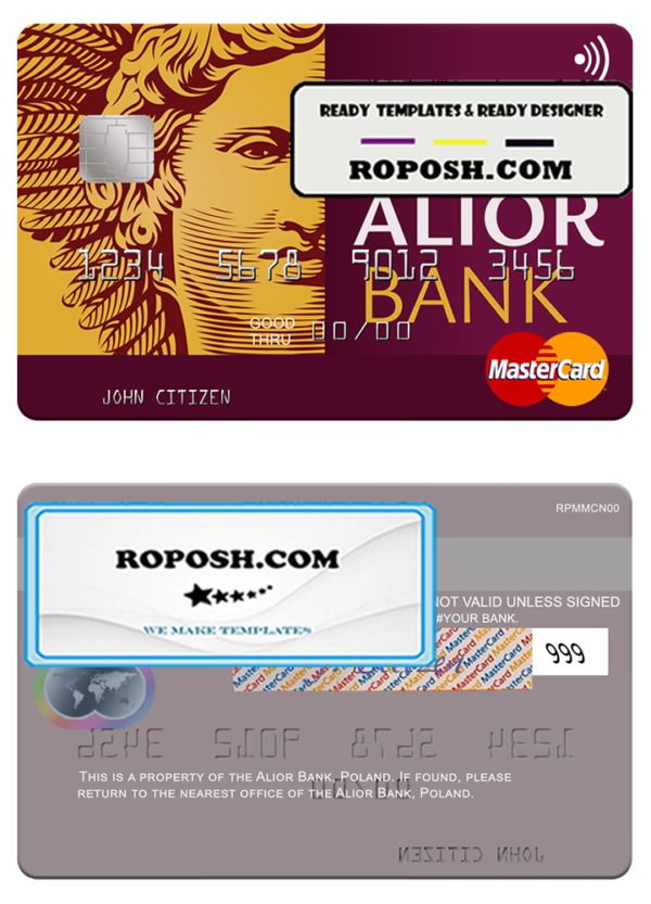 Poland Alior Bank mastercard, fully editable template in PSD format