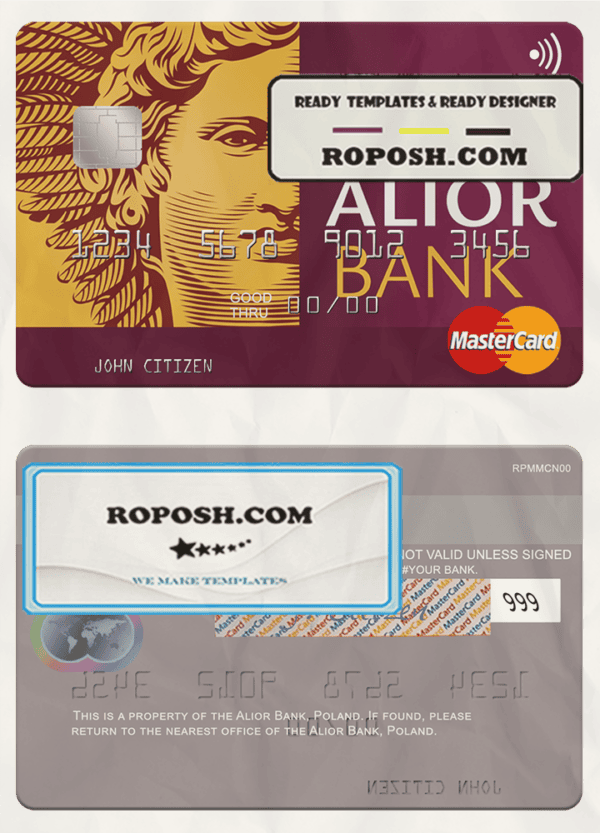 Poland Alior Bank mastercard, fully editable template in PSD format