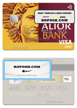 Poland Alior Bank visa debit card, fully editable template in PSD format