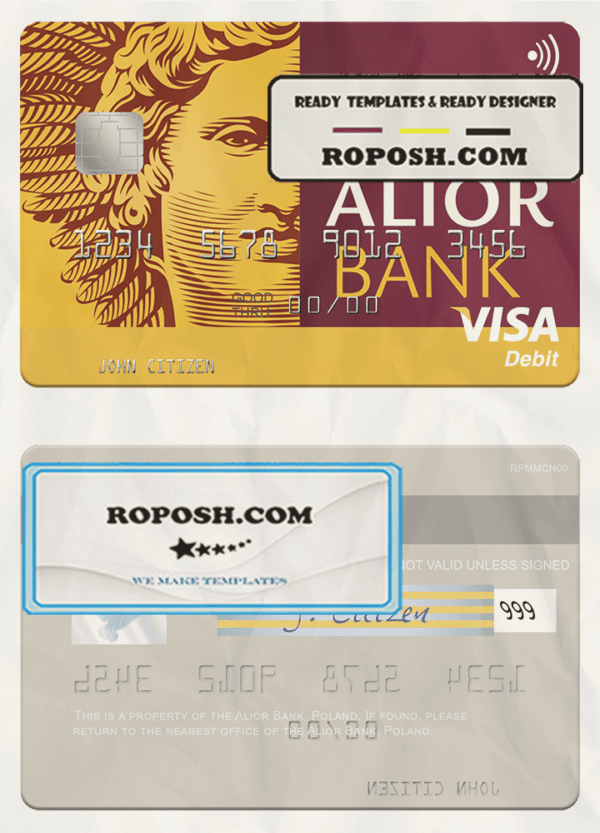 Poland Alior Bank visa debit card, fully editable template in PSD format