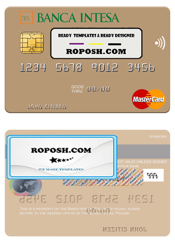Poland Banca Intesa mastercard, fully editable template in PSD format