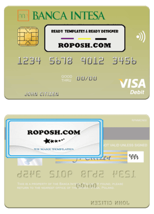 Poland Banca Intesa visa debit card, fully editable template in PSD format