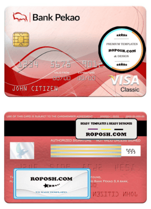 Poland bank Pekao S.A bank visa classic card, fully editable template in PSD format
