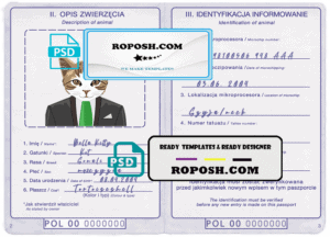 Poland cat (animal, pet) passport PSD template, fully editable