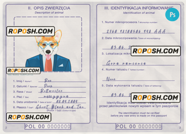Poland dog (animal, pet) passport PSD template, fully editable scan effect