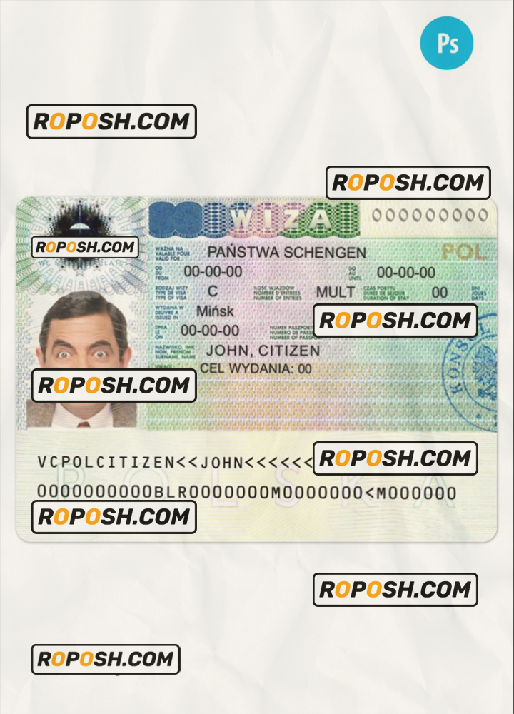 Poland schengen visa PSD template, with fonts scan effect