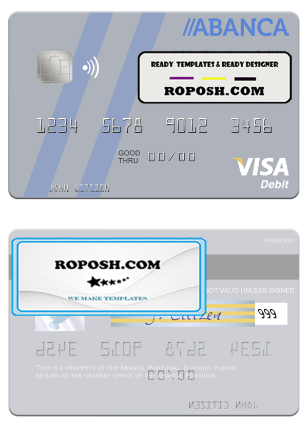 Portugal Abanca visa debit card, fully editable template in PSD format