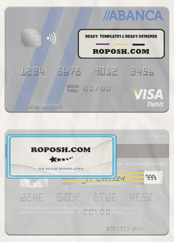 Portugal Abanca visa debit card, fully editable template in PSD format