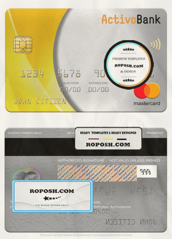 Portugal Activobank S.A. bank mastercard, fully editable template in PSD format