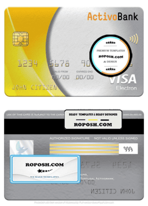 Portugal Activobank S.A. bank visa electron card, fully editable template in PSD format