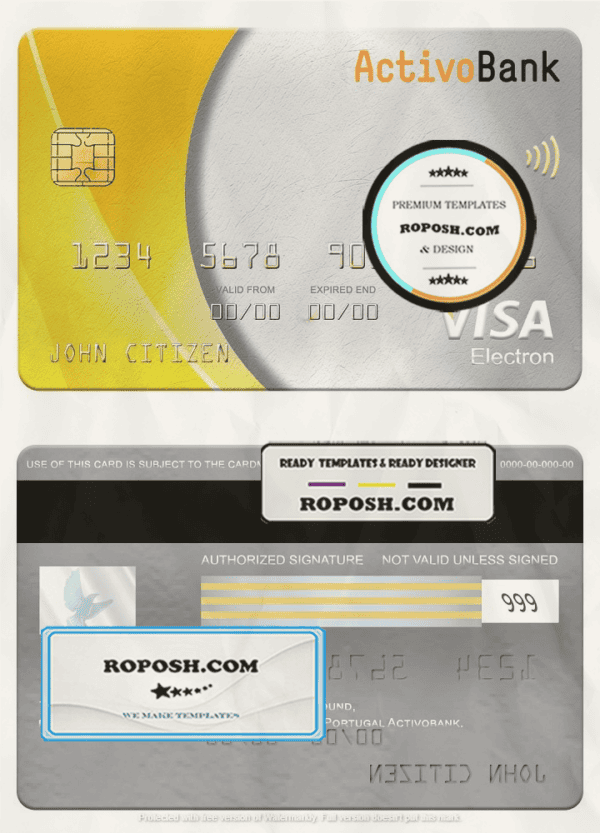 Portugal Activobank S.A. bank visa electron card, fully editable template in PSD format