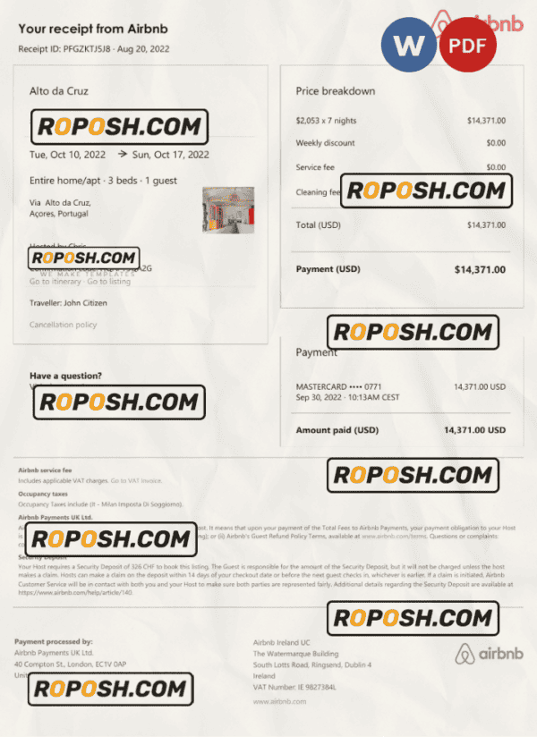 Portugal Airbnb booking confirmation Word and PDF template