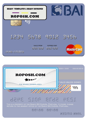 Portugal Banco BAI Europa mastercard, fully editable template in PSD format