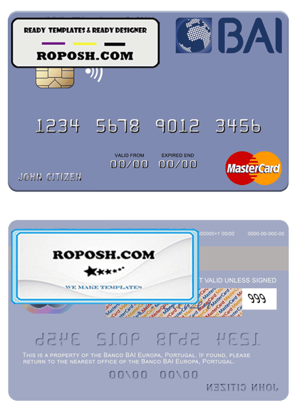Portugal Banco BAI Europa mastercard, fully editable template in PSD format