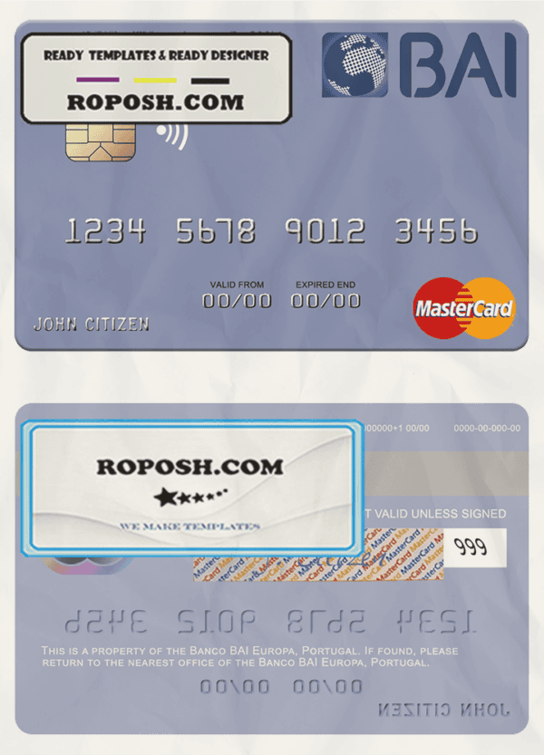 Portugal Banco BAI Europa mastercard, fully editable template in PSD format