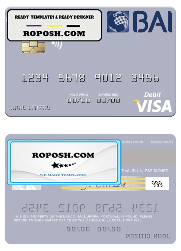 Portugal Banco BAI Europa visa debit card, fully editable template in PSD format