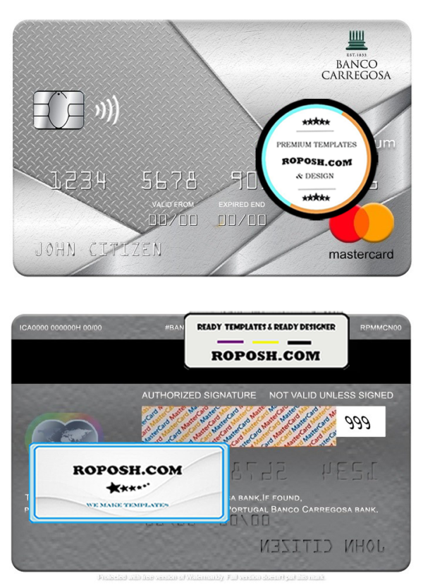 Portugal Banco Carregosa bank mastercard platinum, fully editable template in PSD format