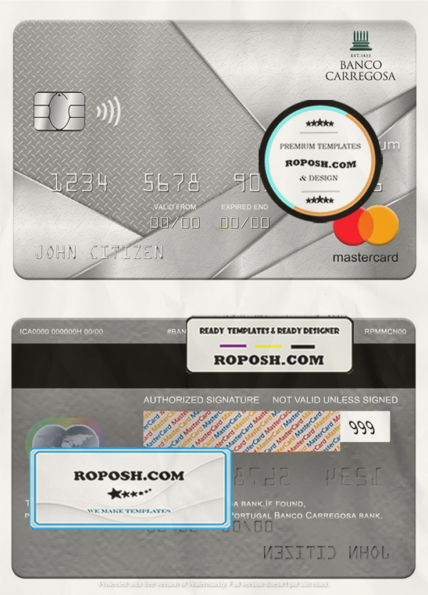 Portugal Banco Carregosa bank mastercard platinum, fully editable template in PSD format scan effect