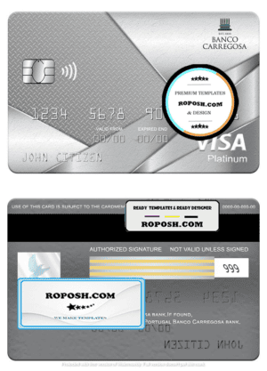 Portugal Banco Carregosa bank visa platinum card, fully editable template in PSD format