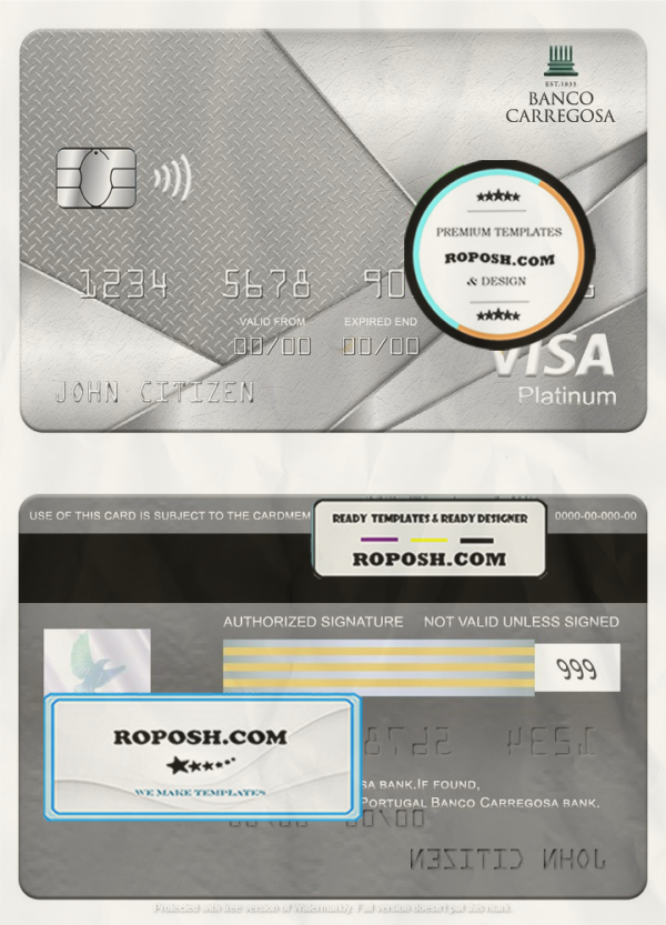 Portugal Banco Carregosa bank visa platinum card, fully editable template in PSD format scan effect