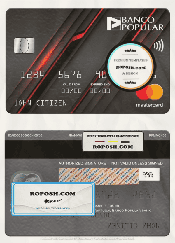 Portugal Banco Popular bank mastercard, fully editable template in PSD format