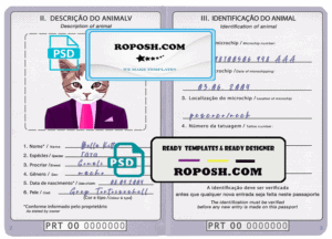 Portugal cat (animal, pet) passport PSD template, completely editable