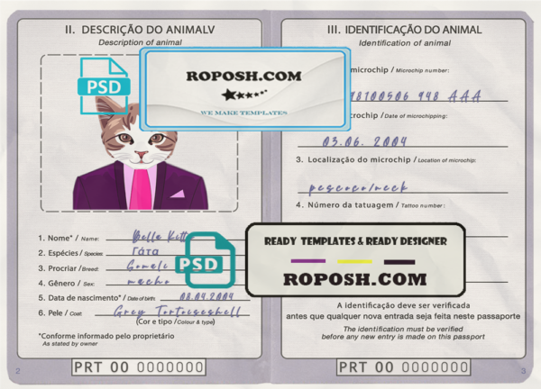 Portugal cat (animal, pet) passport PSD template, completely editable scan effect
