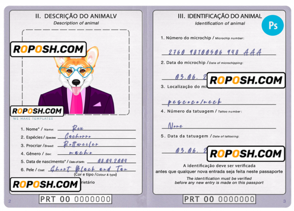 Portugal dog (animal, pet) passport PSD template, completely editable