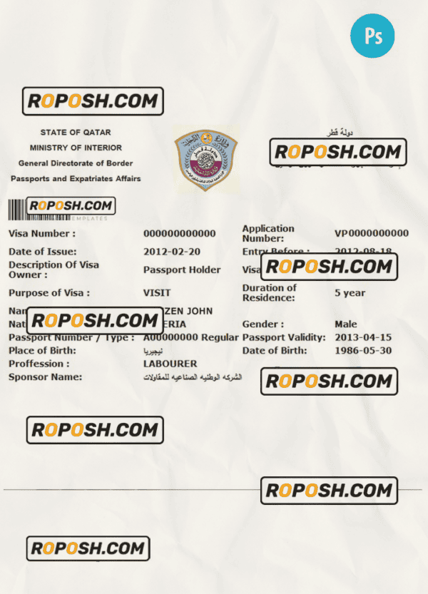 QATAR electronic visa PSD template, completely editable, with fonts