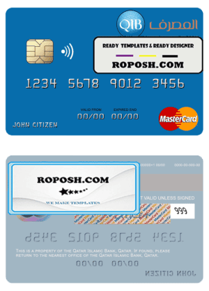 Qatar Islamic Bank mastercard, fully editable template in PSD format