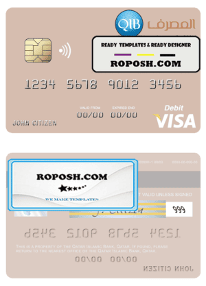 Qatar Islamic Bank visa debit card, fully editable template in PSD format