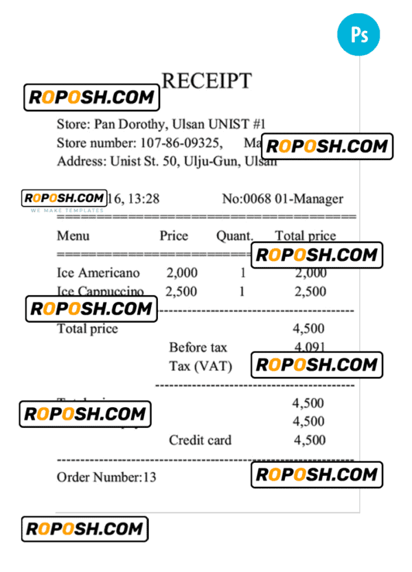 RECEIPT EXAMPLE PSD template