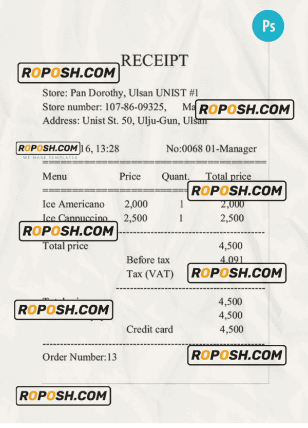 RECEIPT EXAMPLE PSD template